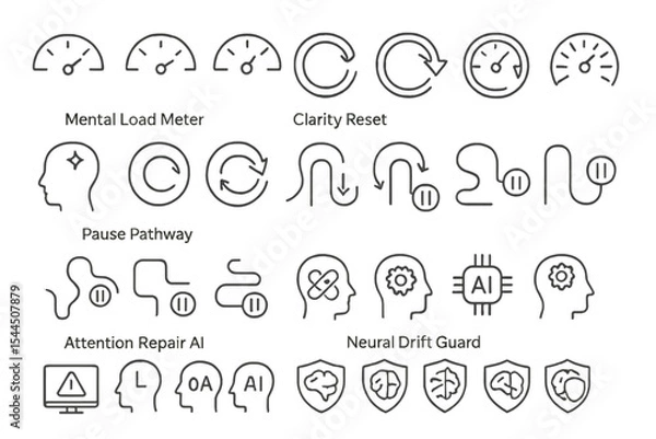 Fototapeta Minimalist icons representing mental processes, AI, and neural flow