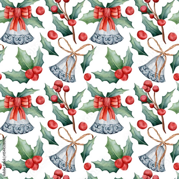 Fototapeta Seamless watercolor pattern. Hand drawn holly sprig, Christmas bell with red satin bow isolated on white background. Design for printing on fabric.