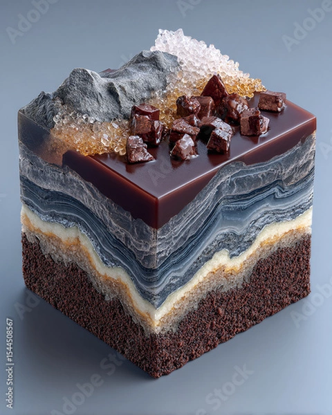 Fototapeta Layered chocolate cake resembling a geological cross-section, featuring chocolate rocks and crystal toppings.