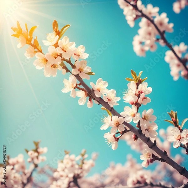 Fototapeta Flowering apricot tree shot against bright spring sun bright and colorful background with vintage overtones