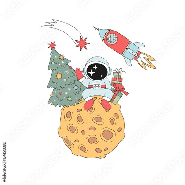 Fototapeta Retro Groovy Outer Space Christmas Vector Illustration of Astronaut Sitting on the Moon Under a Christmas Tree with Presents. Ideal for festive greeting cards, posters, wrapping paper, childrens books