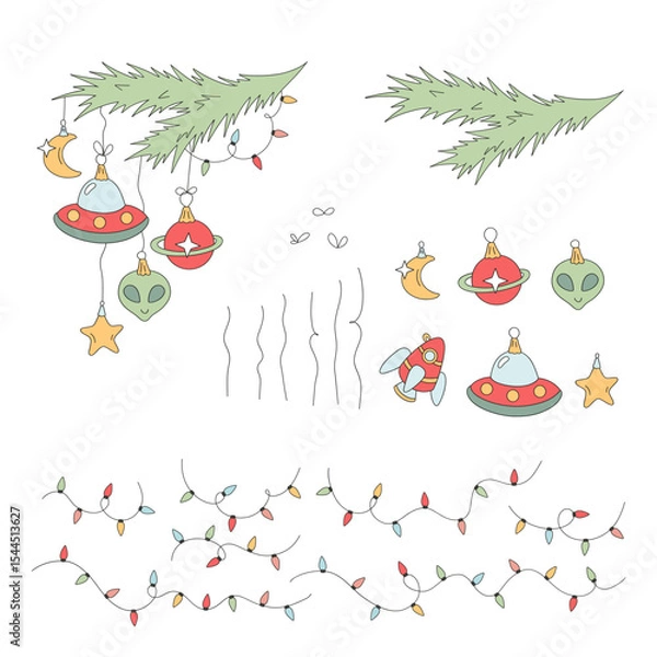 Fototapeta Retro Groovy Christmas Tree Decorations from Outer Space Vector Illustration set of Ornaments Shaped Like Spaceships, Aliens, Rockets, and Planets. Perfect for holiday greeting cards, posters