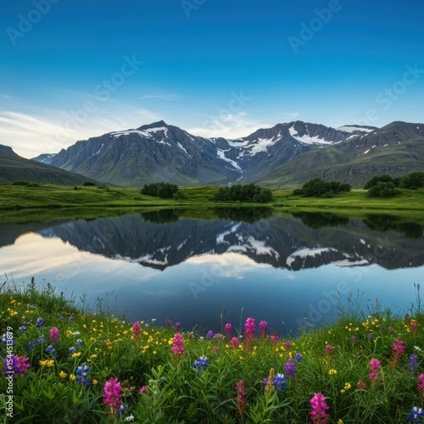 Fototapeta Mountain lake reflection with wildflowers landscape scenery