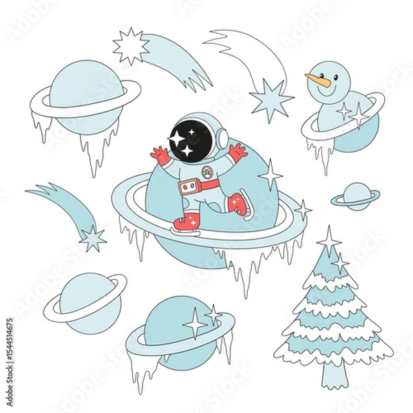Fototapeta Retro Groovy Outer Space Christmas Vector Illustration set of Astronaut Ice Skating on Saturn Rings, Snowman Saturn, Icy Planets, Frozen Christmas Tree. Perfect for holiday cards, posters, stickers