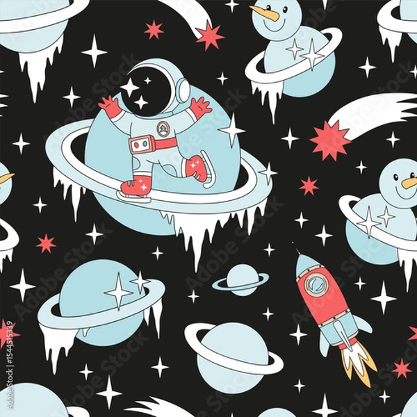 Fototapeta Retro Groovy Christmas in Outer Space Vector Seamless Pattern Astronaut Ice Skating on Saturn Rings, Snowman Saturn, Rockets, Comets. Perfect for holiday wrapping paper, greeting cards, festive