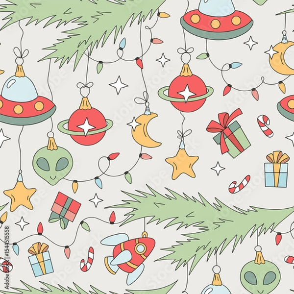 Fototapeta Retro Groovy Space Christmas Tree Ornaments in the form of Spaceships, Aliens, Rockets, Planets and Stars vector seamless pattern. Great for festive wrapping paper, holiday apparel, greeting cards