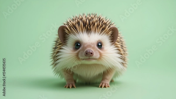 Fototapeta Adorable hedgehog on a pastel green background displaying cute and curious expression in a studio close up.