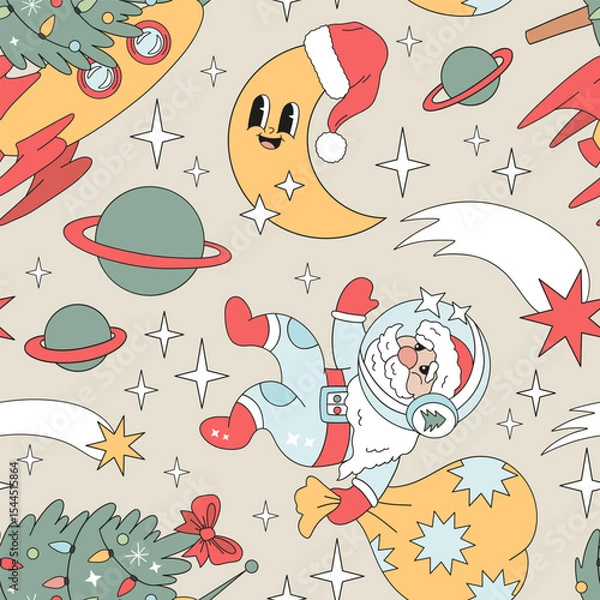 Fototapeta Retro Groovy Christmas in Space Vector Seamless Pattern Santa Claus in Spacesuit, Crescent Moon in Santa Hat, and Rocket Carrying Christmas Tree. Ideal for festive wrapping paper, holiday cards, kids
