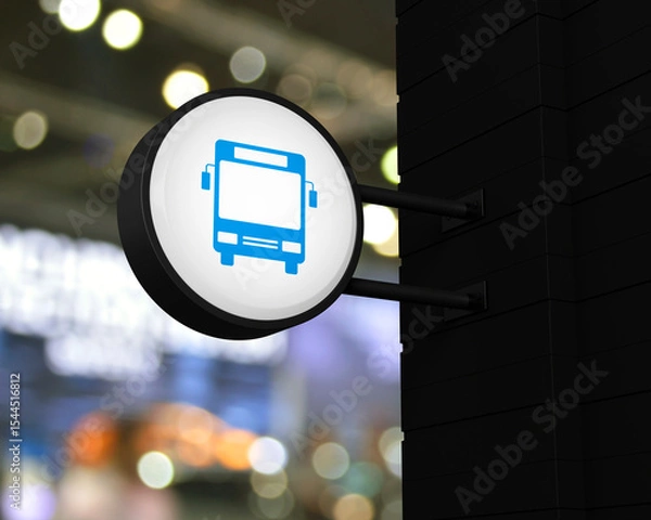 Fototapeta Bus icon on hanging black rounded signboard over blur light and shadow of shopping mall, Business transportation service concept, 3D rendering