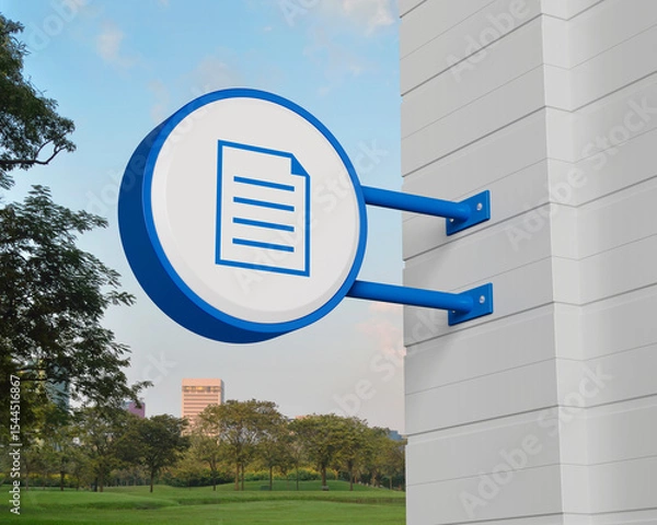 Fototapeta Document icon on hanging blue rounded signboard over green grass field and trees in park, Technology internet online concept, 3D rendering