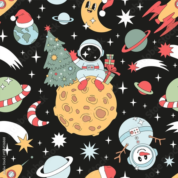 Fototapeta Retro Groovy Christmas in Space Astronaut on Moon with Tree and Gifts, Snowman in Spacesuit, Crescent Moon in Santa Hat Vector Seamless Pattern. Perfect for festive wrapping paper, holiday greeting