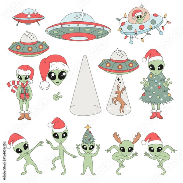 Fototapeta Retro Groovy Outer Space Christmas Vector Illustration Set of Flying Saucers and Green Aliens in Santa Hats, Antlers, Christmas Tree Outfits and Accessories. Perfect for holiday cards, kids designs