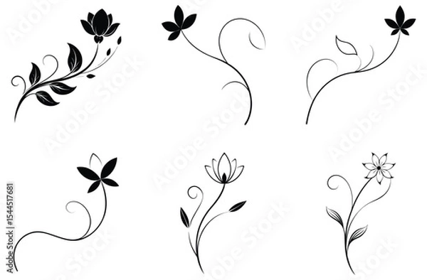 Fototapeta Elegant Black Floral Silhouette Set – Vector Botanical Flower and Leaf Design Collection"