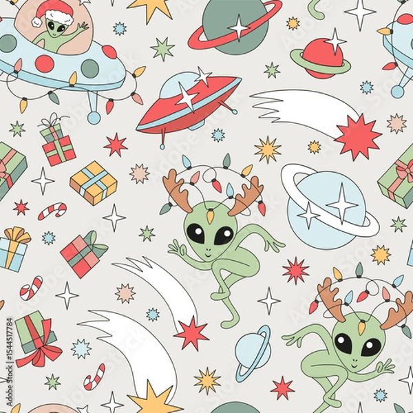 Fototapeta Retro Groovy Christmas in Space Vector Seamless Pattern Green Alien with Antlers, Little Green Man in Flying Saucer, Gifts, Comets, Stars. Perfect for holiday wrapping paper, greeting cards, kids