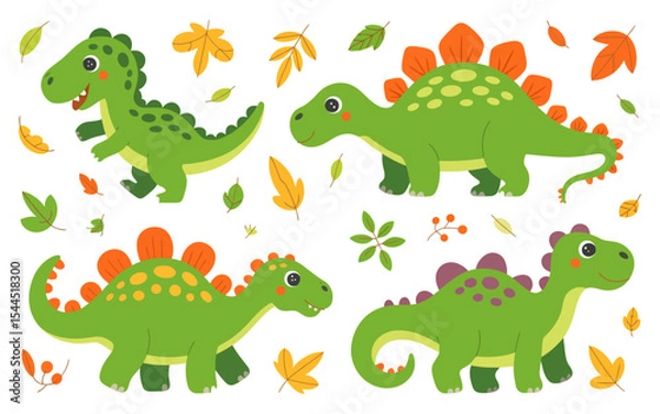 Fototapeta Playful Dino Illustration – T-Rex & Stegosaurus in a 2x2 Grid with Fall Elements