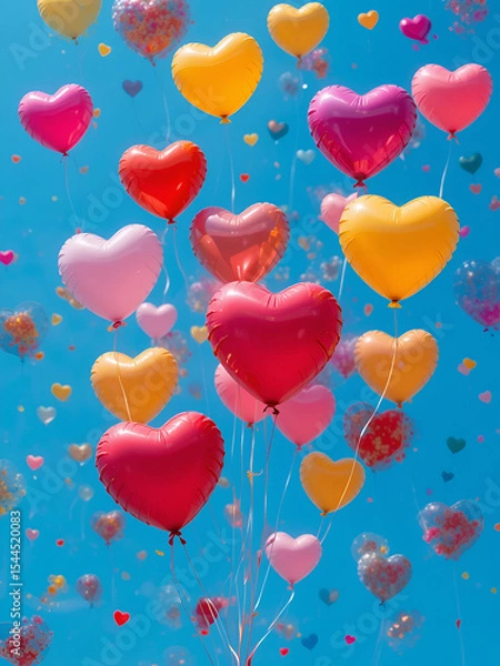 Fototapeta Colorful heart-shaped balloons filling the air with joy and excitement as they swoop down from a bright blue sky, swooping motion, colorful