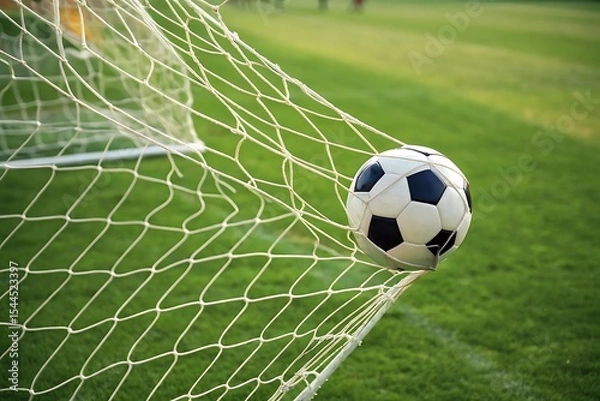 Fototapeta Soccer ball in goal net on green field