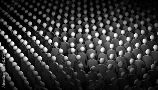 Fototapeta An abstract monochromatic digital rendering shows a large crowd of faceless figures wearing gray clothing, set against a backdrop of varying light and