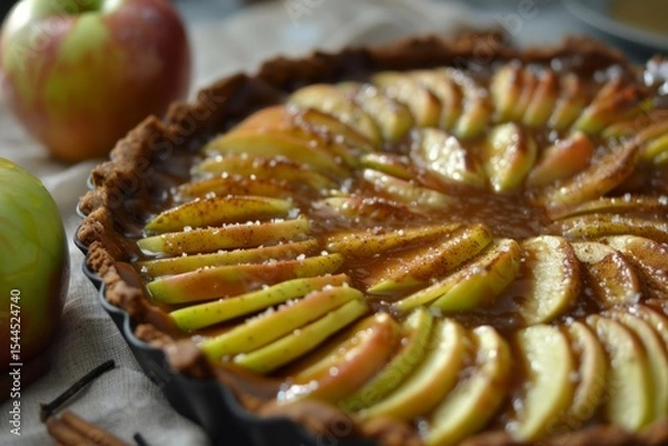 Obraz Caramel apple tart with sage garnish on black plate. AI generated