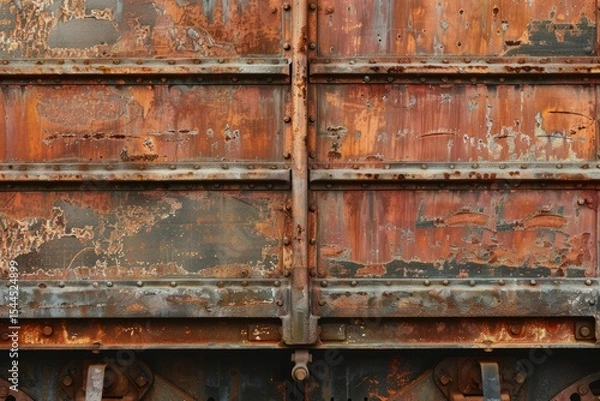 Obraz Photo of Side view of rust metal wall of railway wagon side part. Background texture for backdrops or mapping