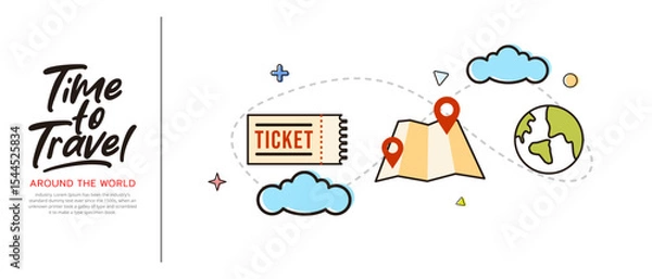 Fototapeta Travel concept vector icon illustration in flat style design. globe icon travel ticket and map with vacation background