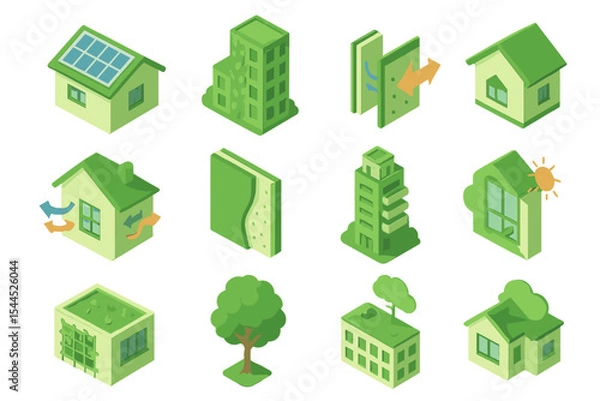 Fototapeta Eco-friendly architecture icons featuring green building and sustainable energy
