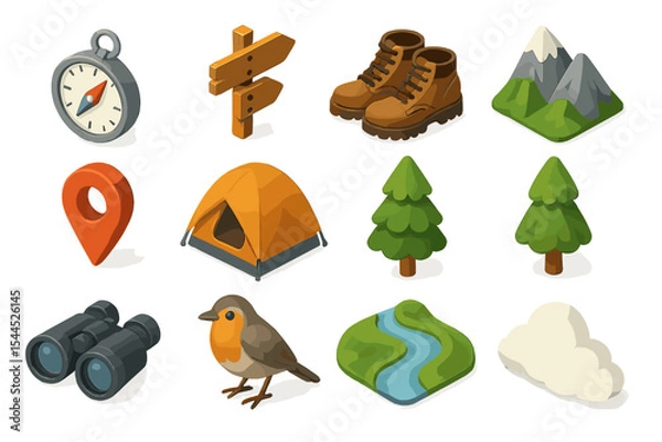 Fototapeta Camping icons: maps, boots, tent, nature elements illustrated