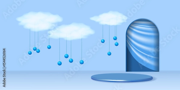 Fototapeta Realistic 3d scene with white clouds, round podium and arched entrance