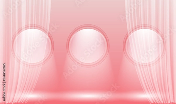 Fototapeta Realistic stage with light beams, transparent curtains and round windows