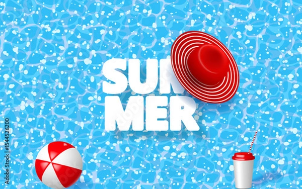 Fototapeta Swimming pool, beach ball, cardboard cup, summer hat and text SUMMER