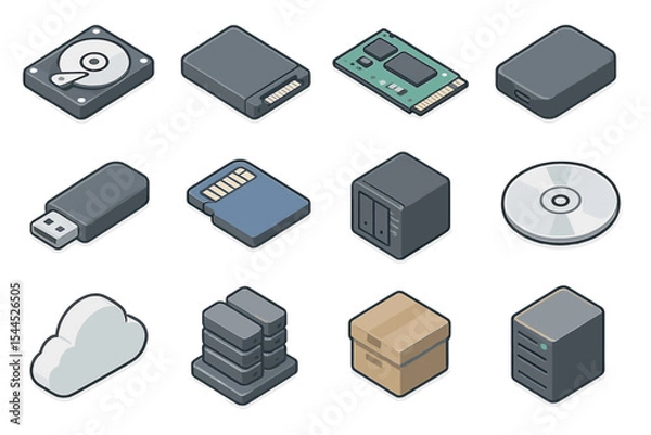 Fototapeta Digital storage icons set: hard drive, usb, cloud, server, cd, memory