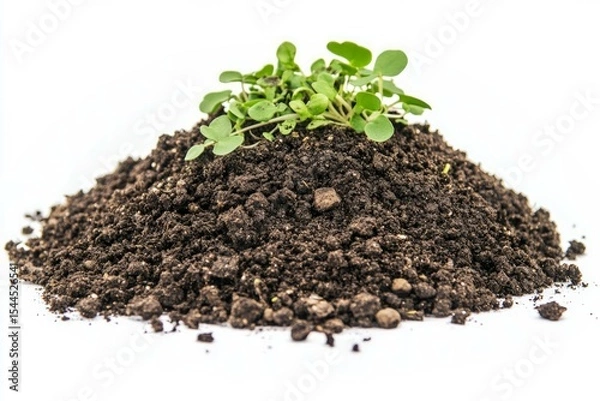 Obraz Green plant emerging from soil pile on white background. AI generated