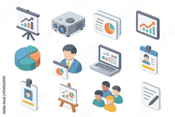 Fototapeta Isometric business icons: charts, devices, profiles, and teamwork graphics