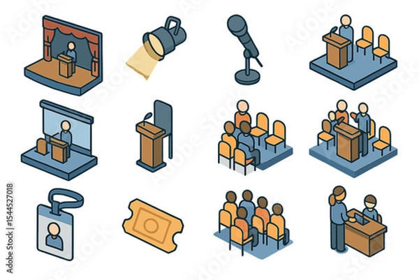 Fototapeta Isometric icons of public speaking and conference elements