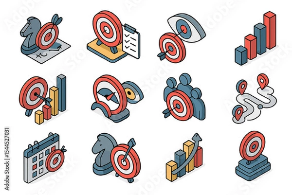 Fototapeta Isometric target and strategy icons set for business and marketing concepts