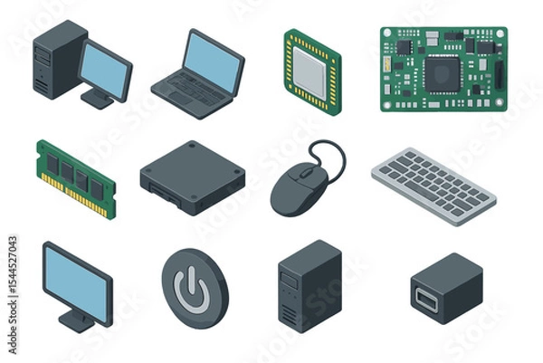 Fototapeta Collection of computer hardware: monitor, mouse, circuit board, and more