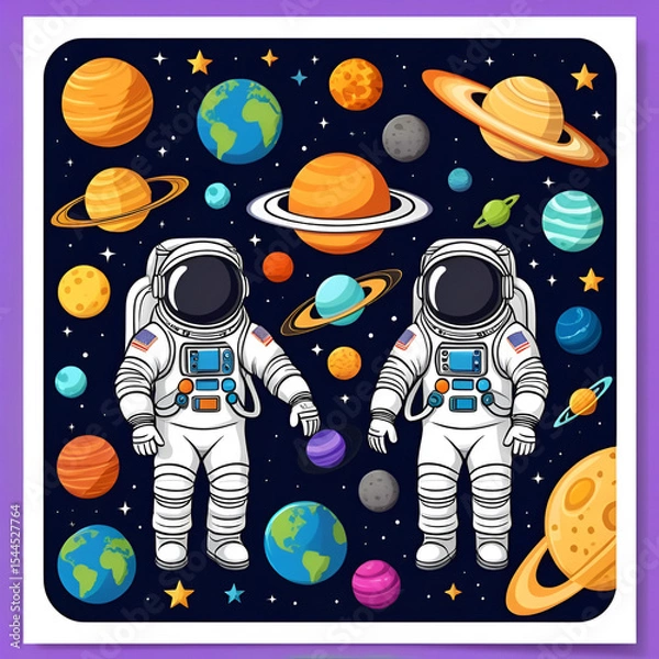 Fototapeta Find two same space objects, cartoon astronaut spaceman with planets and comets, vector kids quiz game. Galaxy starship and alien UFO or martians in outer space worksheet to find and match objects