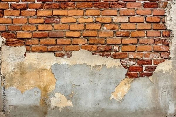 Obraz Weathered brick wall with peeling paint texture. AI generated