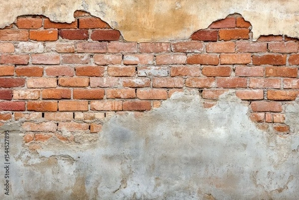 Obraz Weathered brick wall with cracked plaster and rustic texture. AI generated