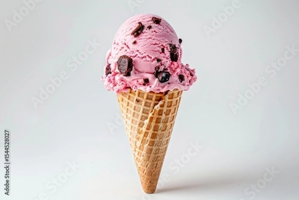 Obraz Pink ice cream cone with cookies on white background. AI generated