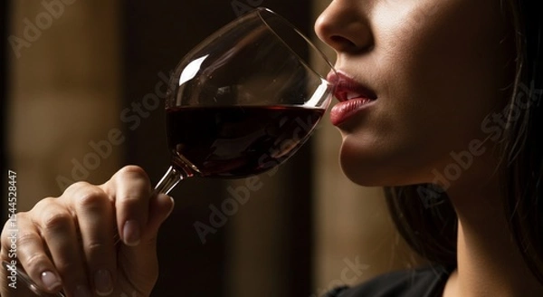 Fototapeta Elegant woman drinking red wine from a glass in a dark setting