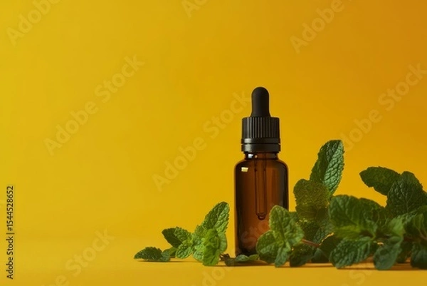 Obraz Brown bottle and mint leaves on vibrant yellow background. AI generated