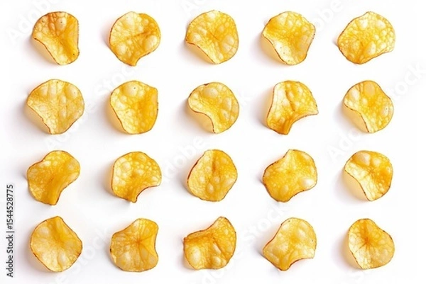 Obraz Evenly arranged potato chips on white background. AI generated