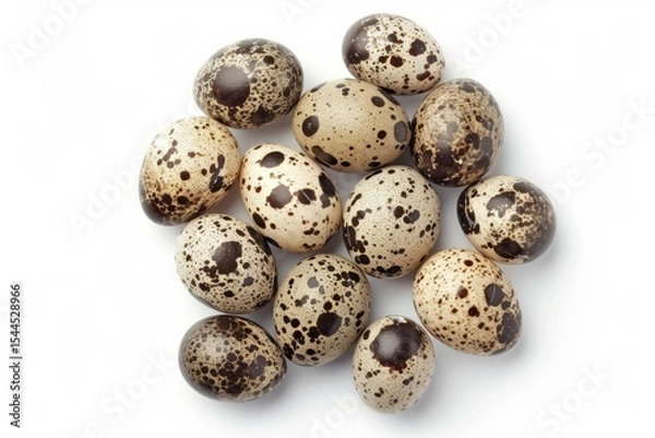Obraz Speckled quail eggs on white background. AI generated