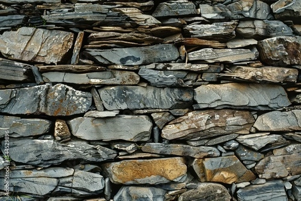 Obraz Photo of Old grey and brown long stone wall. Background texture for backdrops or mapping