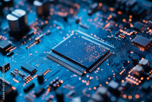 Obraz AI chip on vibrant blue circuit board with glowing details. AI generated