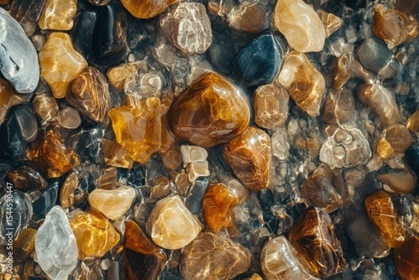 Obraz Close-up of wet river stones in natural light. AI generated