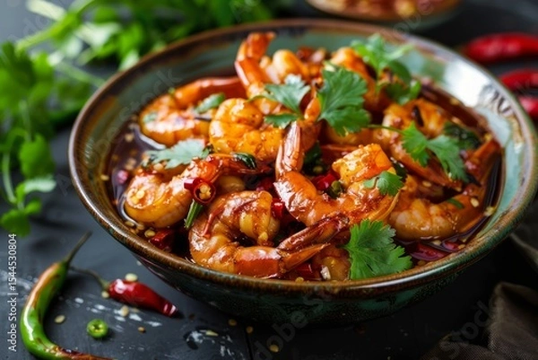 Obraz Spicy shrimp rice bowl close-up with fresh herbs. AI generated
