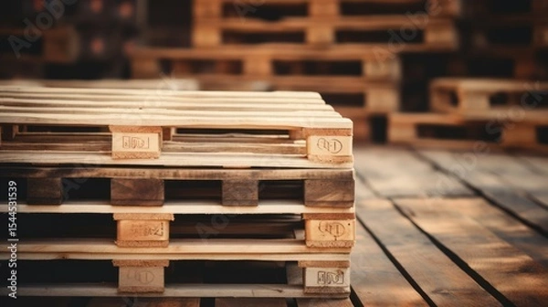 Obraz Wooden pallets stacked in dimly lit warehouse. AI generated