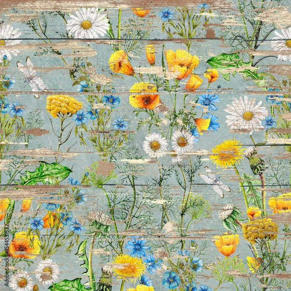 Fototapeta Hand Drawn Botanical Pattern on Wooden texture